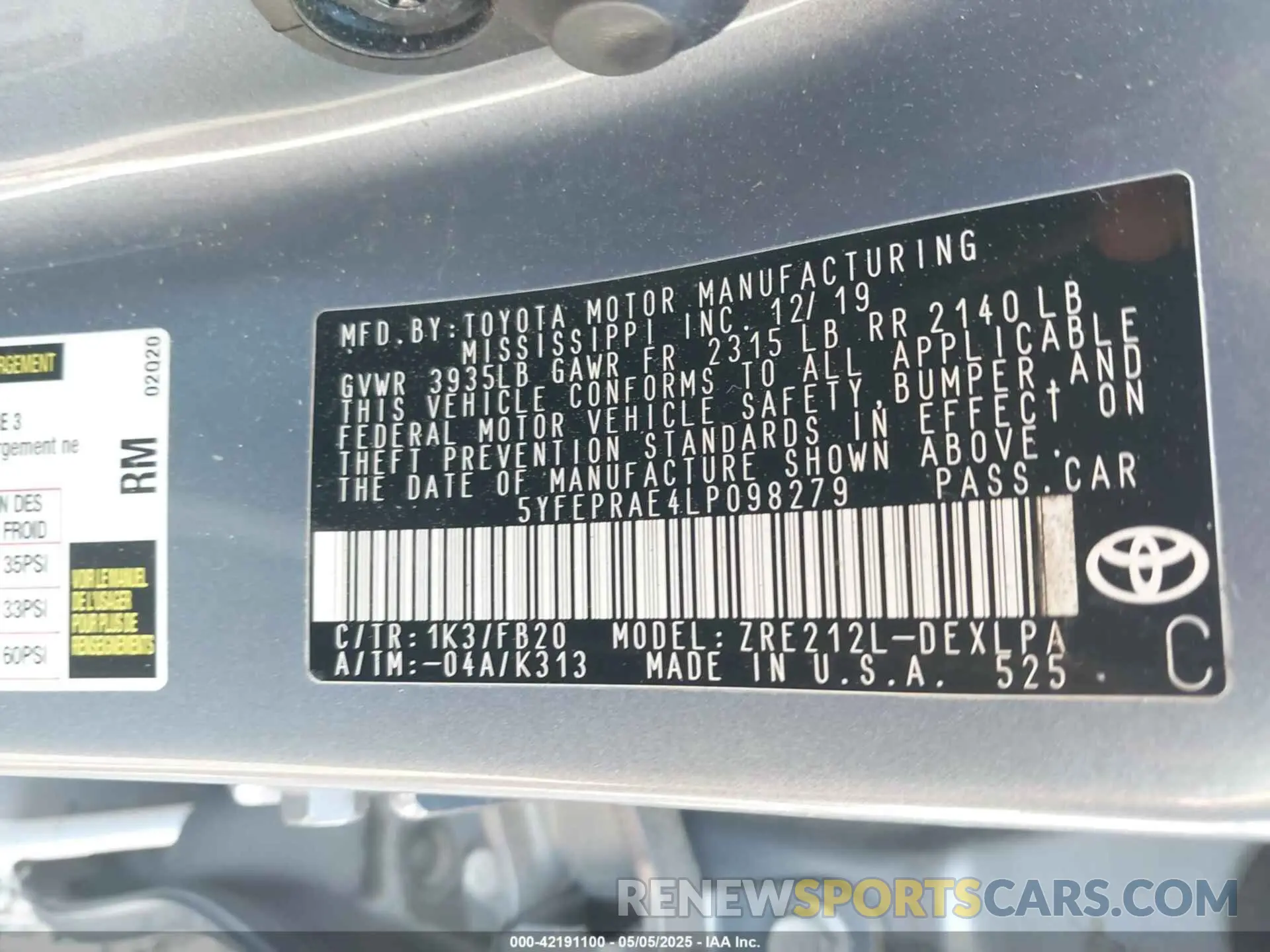 9 fotografías del automóvil dañado 5YFEPRAE4LP098279 TOYOTA COROLLA 2020