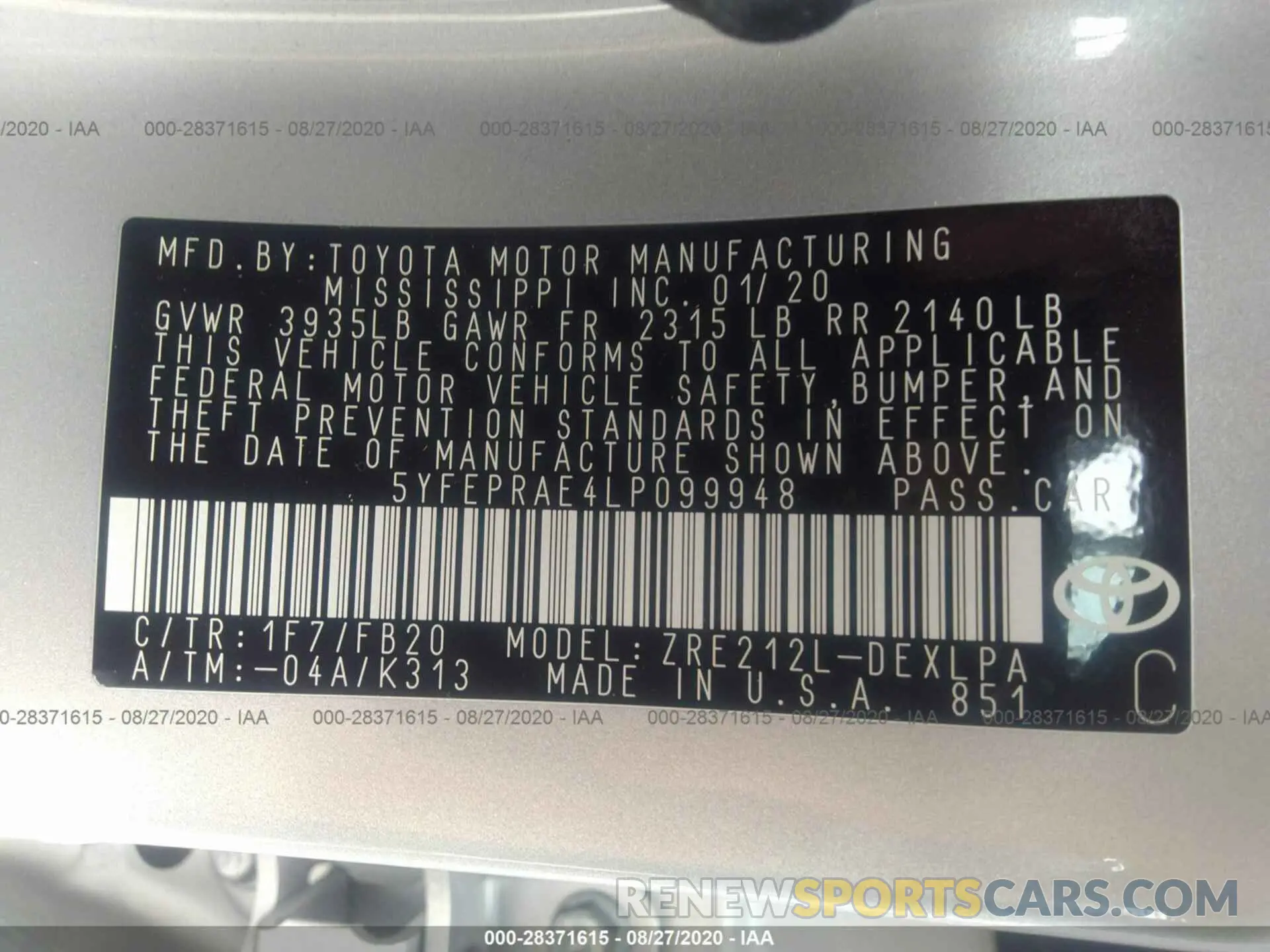 9 fotografías del automóvil dañado 5YFEPRAE4LP099948 TOYOTA COROLLA 2020