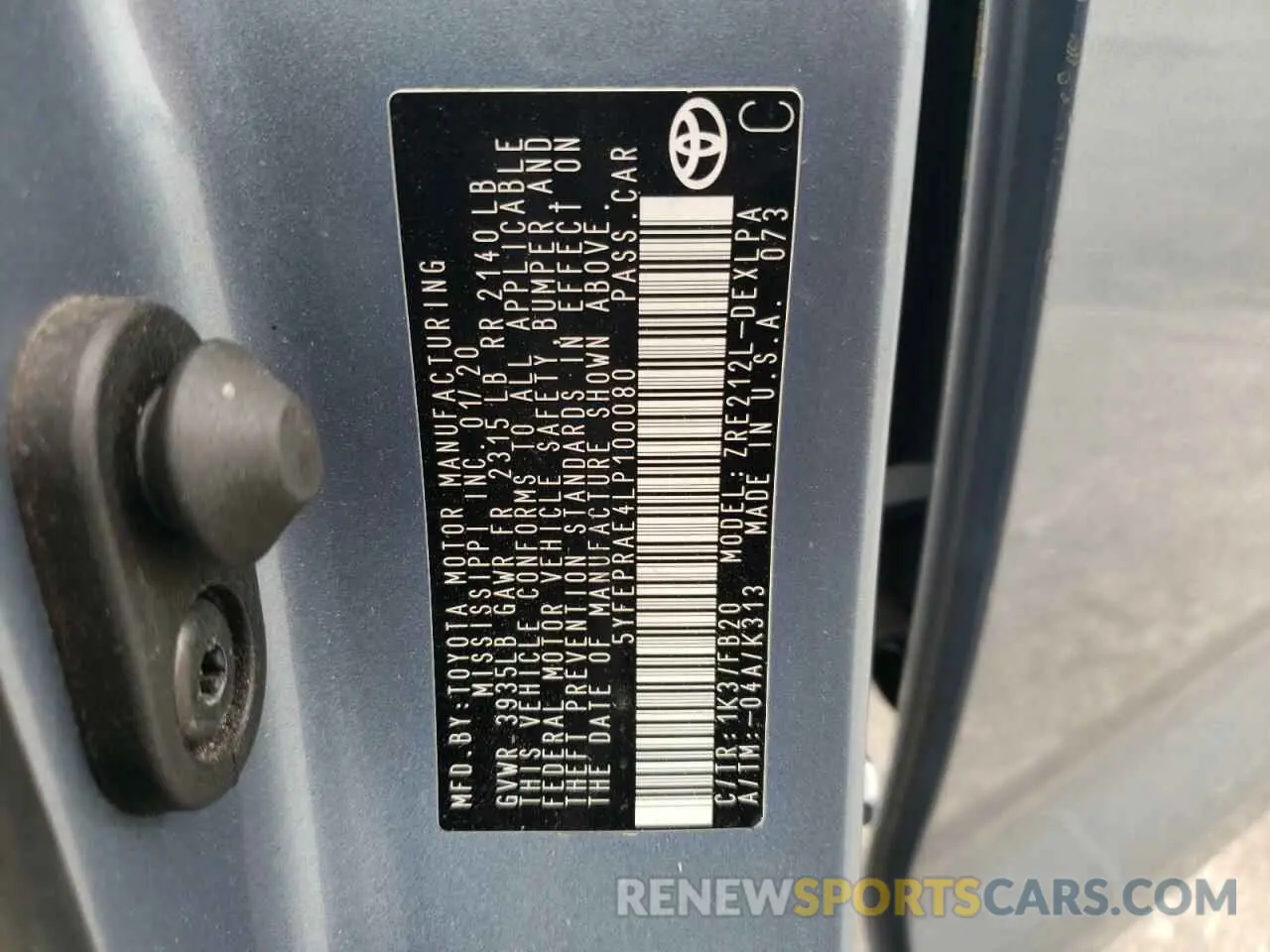 12 fotografías del automóvil dañado 5YFEPRAE4LP100080 TOYOTA COROLLA 2020