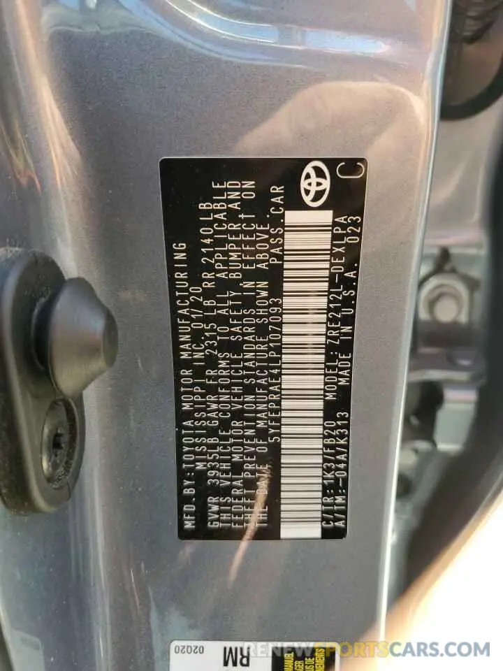 12 fotografías del automóvil dañado 5YFEPRAE4LP107093 TOYOTA COROLLA 2020