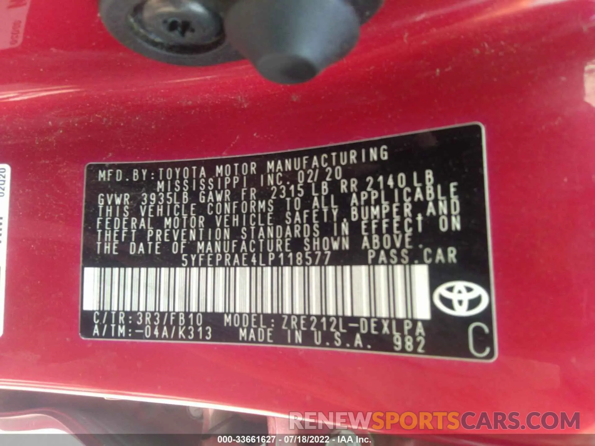 9 fotografías del automóvil dañado 5YFEPRAE4LP118577 TOYOTA COROLLA 2020