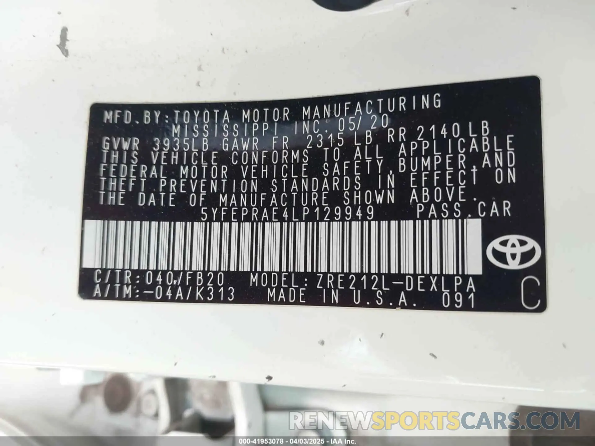 9 fotografías del automóvil dañado 5YFEPRAE4LP129949 TOYOTA COROLLA 2020