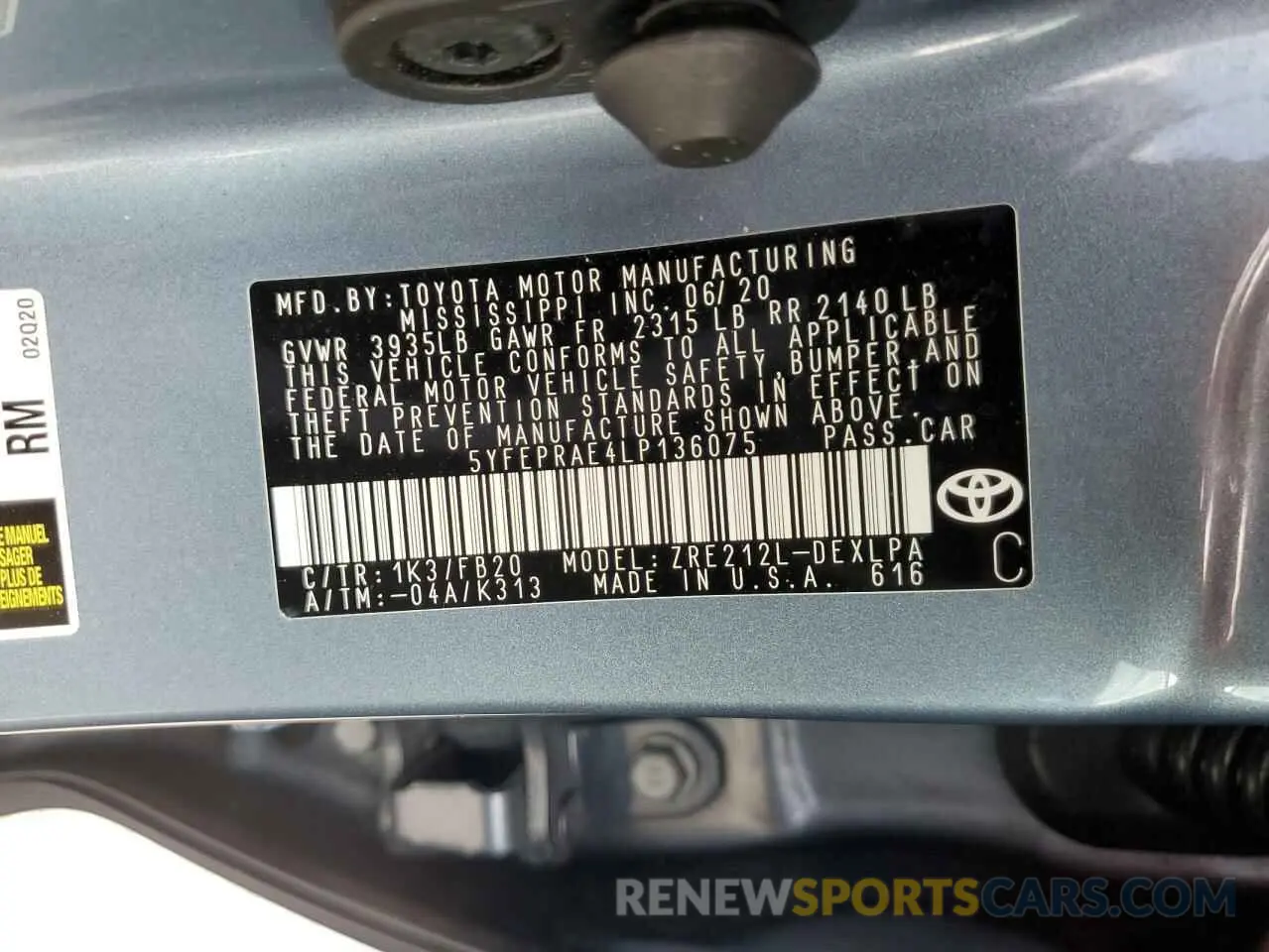 12 fotografías del automóvil dañado 5YFEPRAE4LP136075 TOYOTA COROLLA 2020