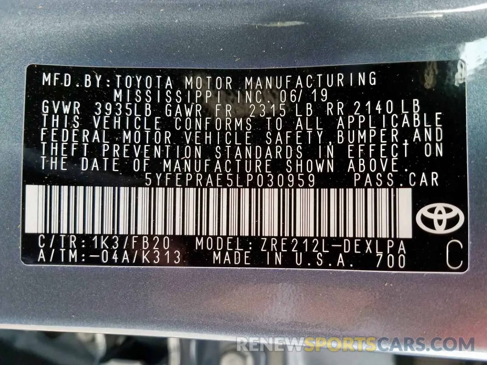 10 fotografías del automóvil dañado 5YFEPRAE5LP030959 TOYOTA COROLLA 2020