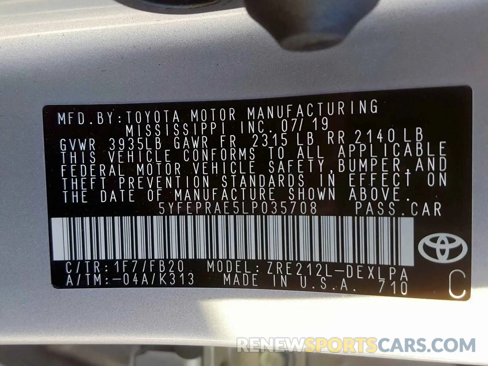 10 fotografías del automóvil dañado 5YFEPRAE5LP035708 TOYOTA COROLLA 2020