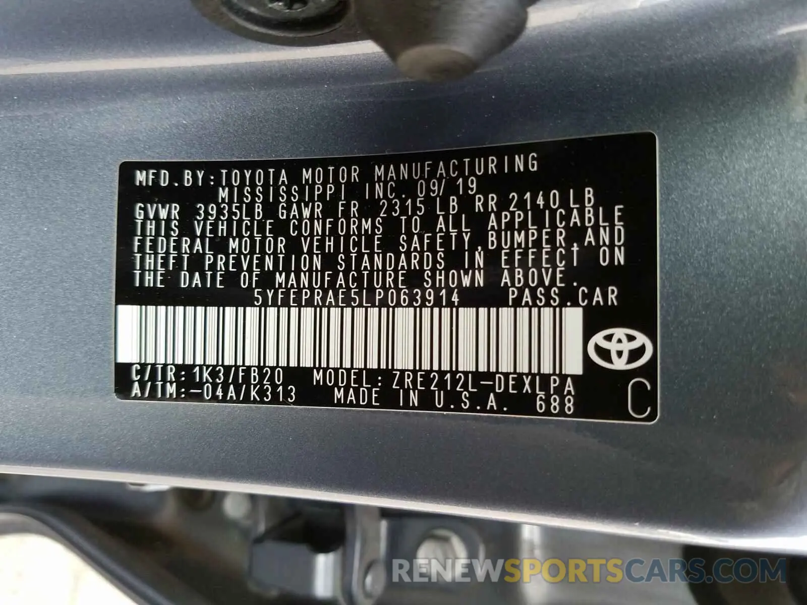 10 fotografías del automóvil dañado 5YFEPRAE5LP063914 TOYOTA COROLLA 2020