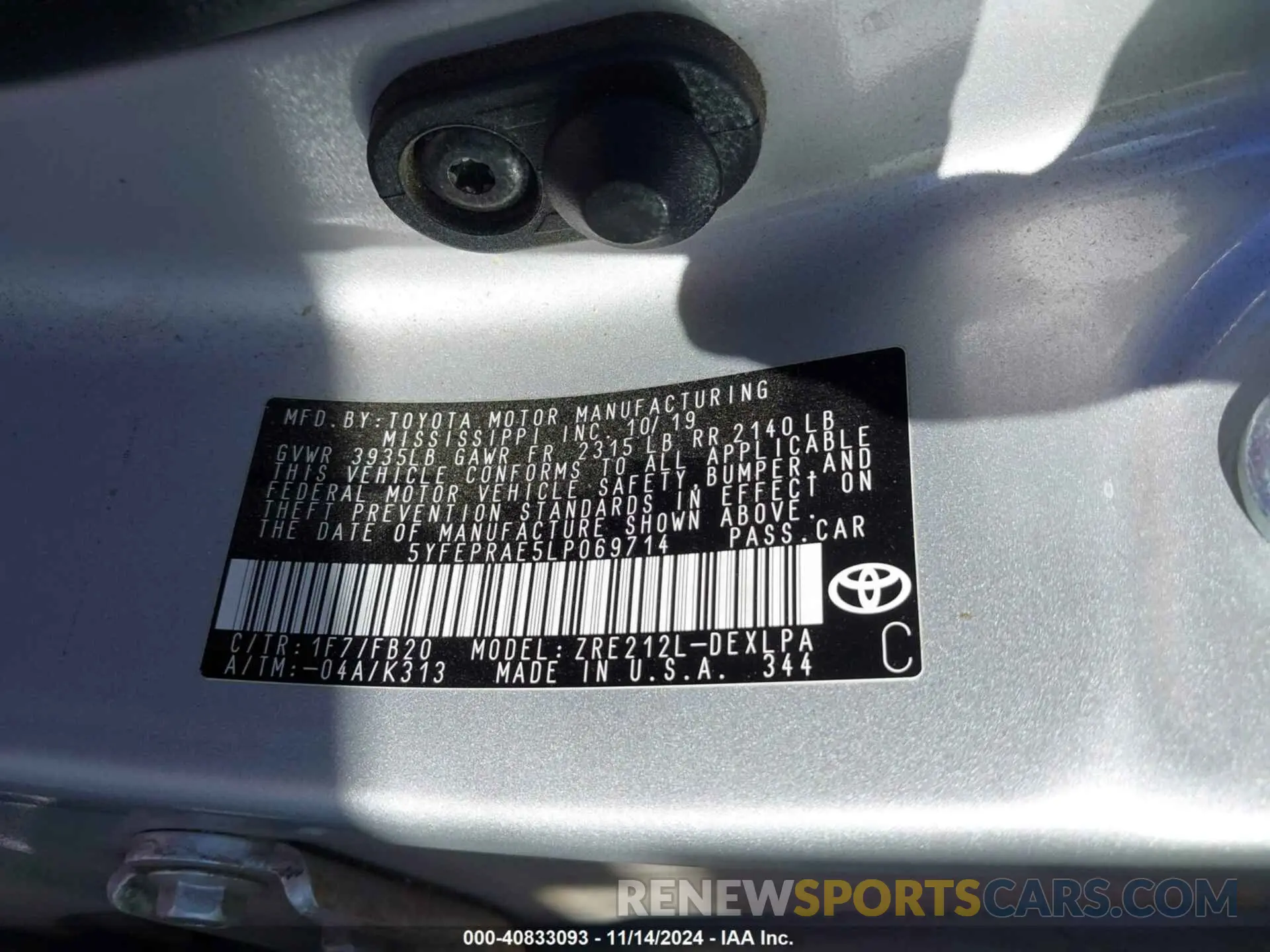 9 fotografías del automóvil dañado 5YFEPRAE5LP069714 TOYOTA COROLLA 2020