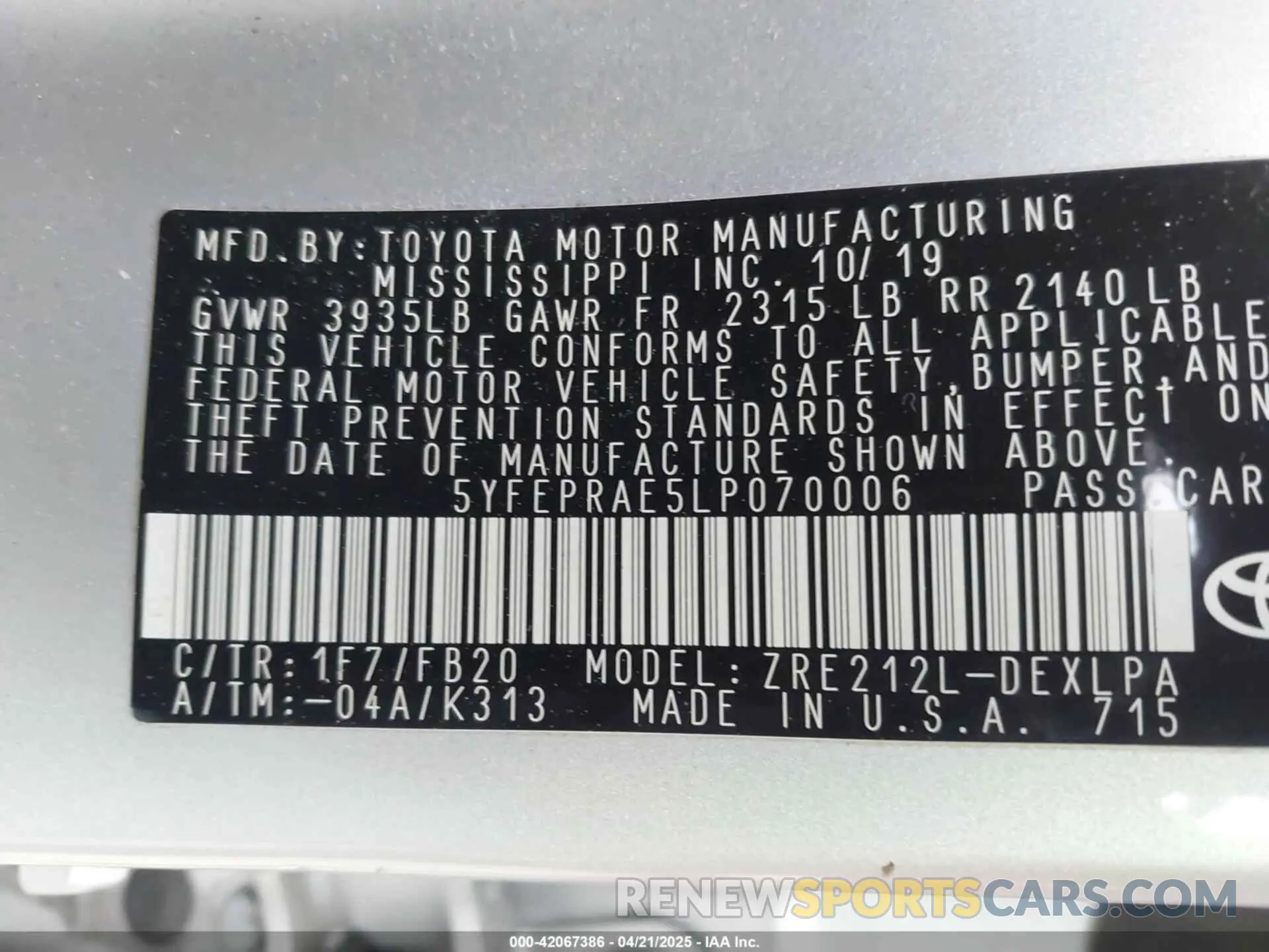 9 fotografías del automóvil dañado 5YFEPRAE5LP070006 TOYOTA COROLLA 2020