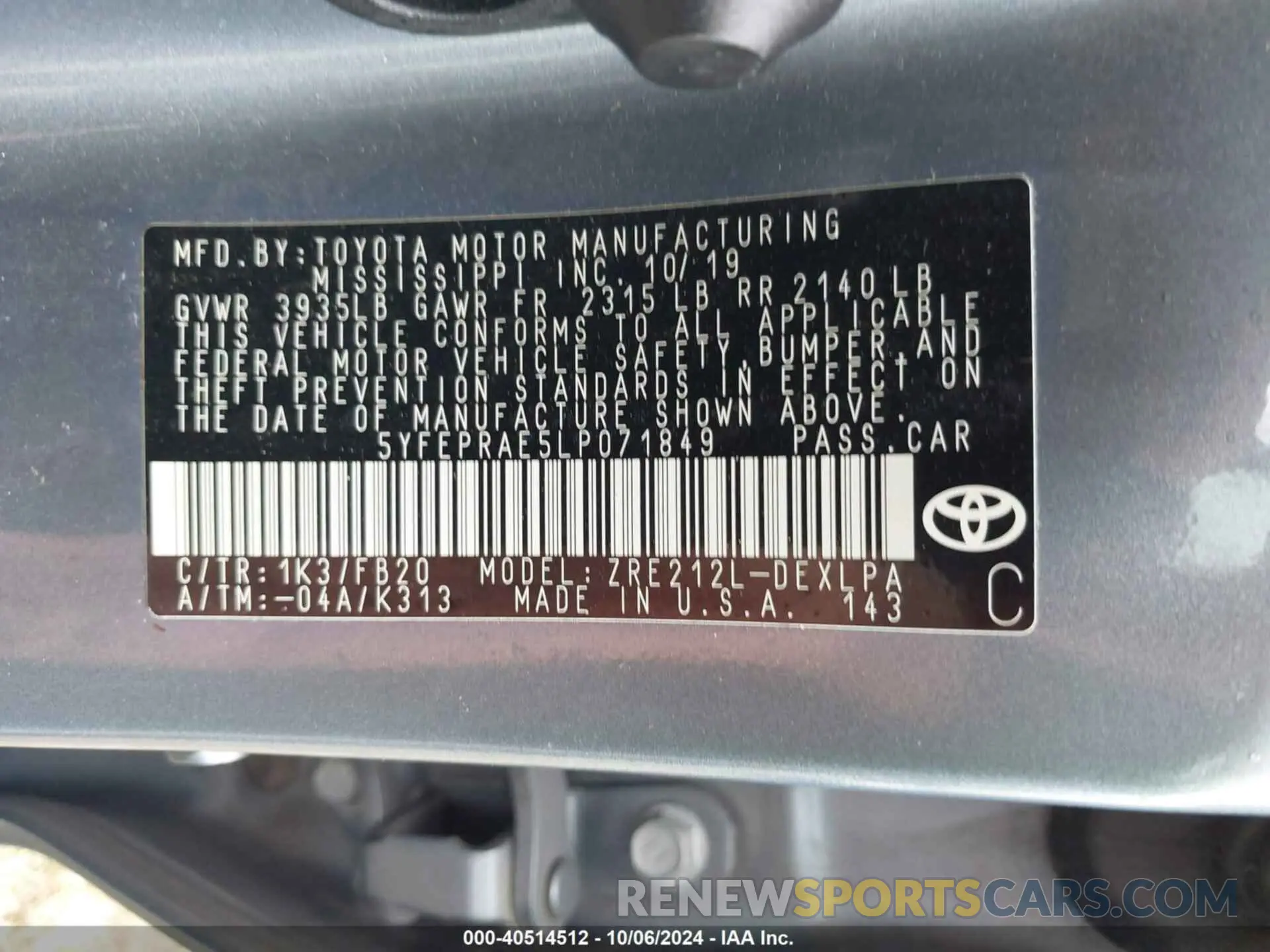9 fotografías del automóvil dañado 5YFEPRAE5LP071849 TOYOTA COROLLA 2020
