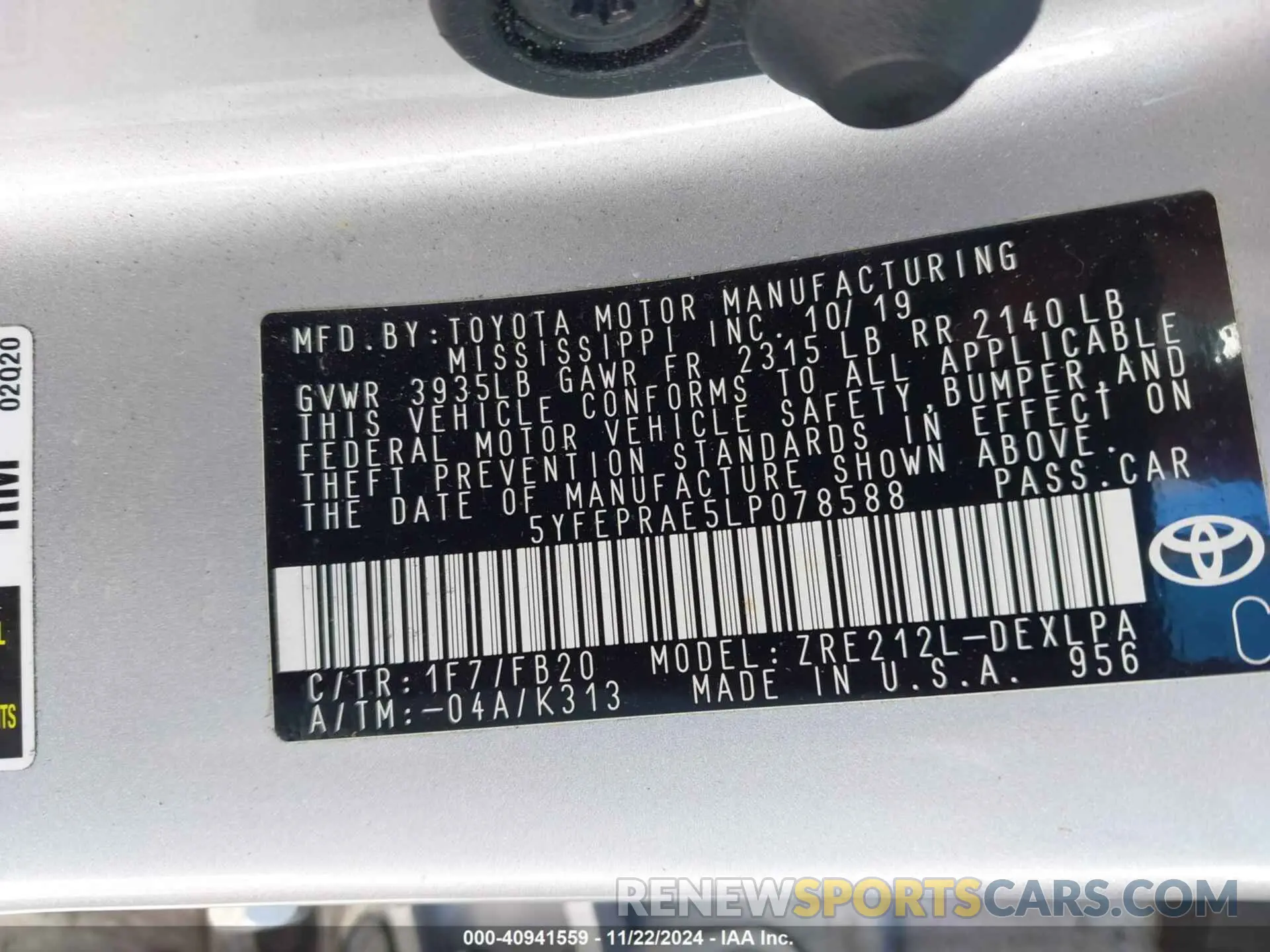 9 fotografías del automóvil dañado 5YFEPRAE5LP078588 TOYOTA COROLLA 2020