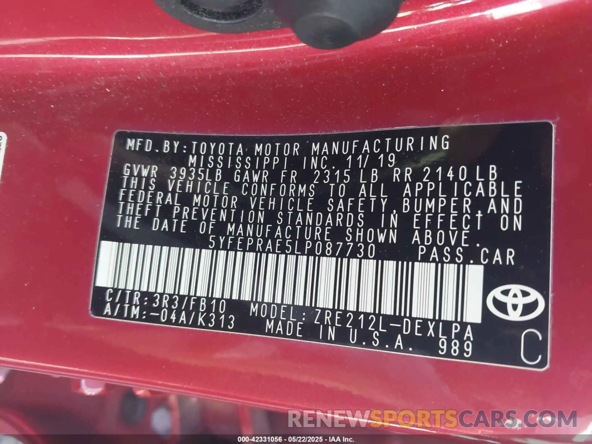 9 fotografías del automóvil dañado 5YFEPRAE5LP087730 TOYOTA COROLLA 2020