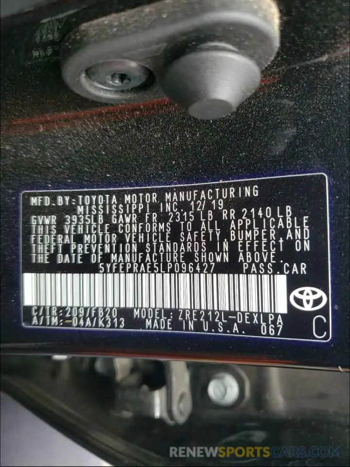 10 fotografías del automóvil dañado 5YFEPRAE5LP096427 TOYOTA COROLLA 2020