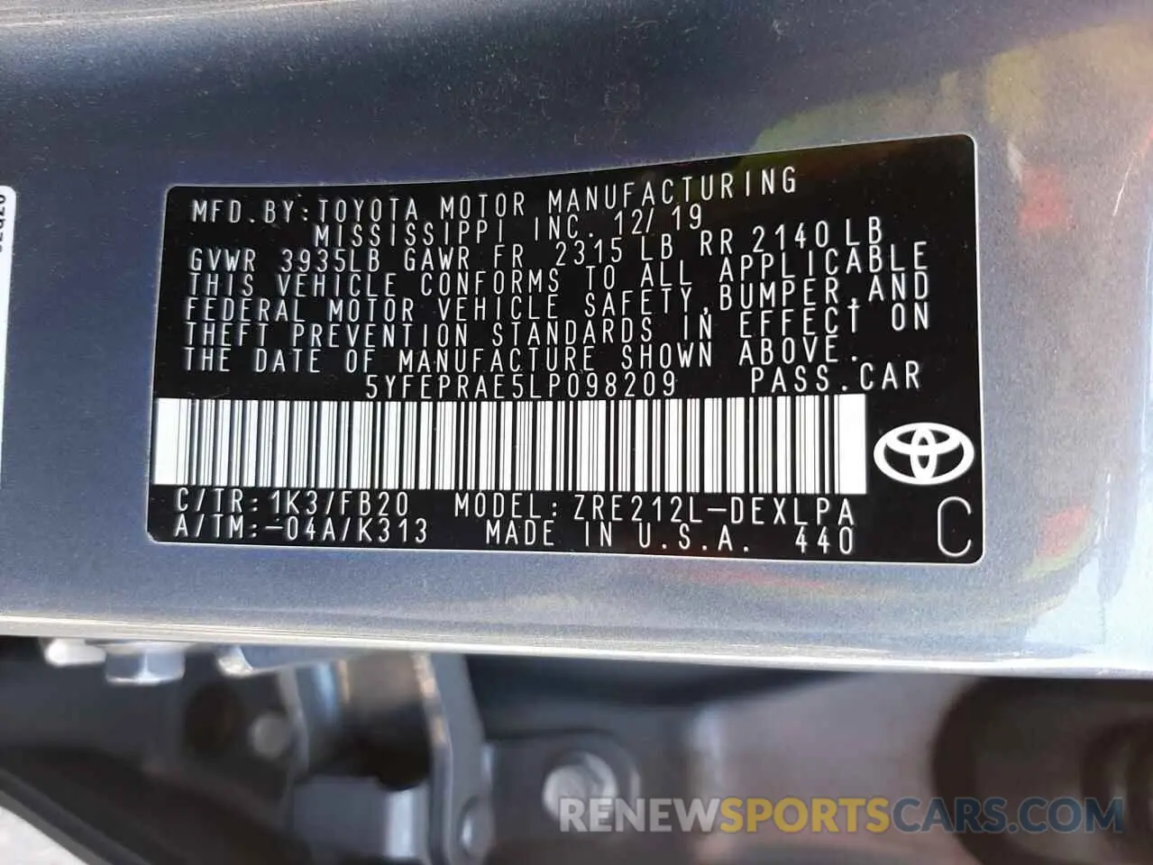 10 fotografías del automóvil dañado 5YFEPRAE5LP098209 TOYOTA COROLLA 2020