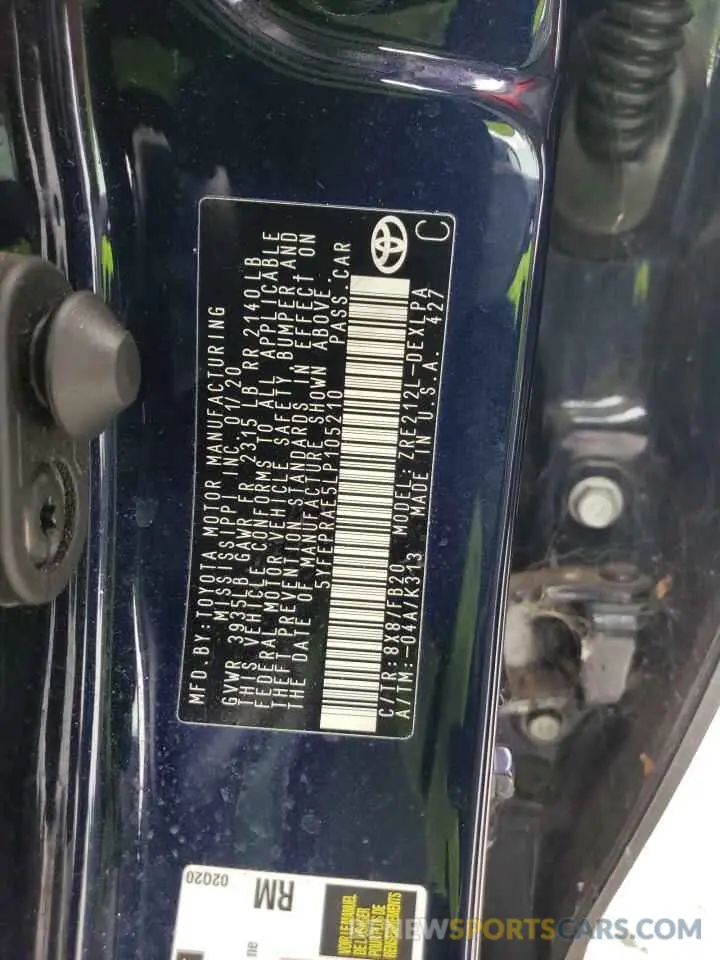 10 fotografías del automóvil dañado 5YFEPRAE5LP105210 TOYOTA COROLLA 2020