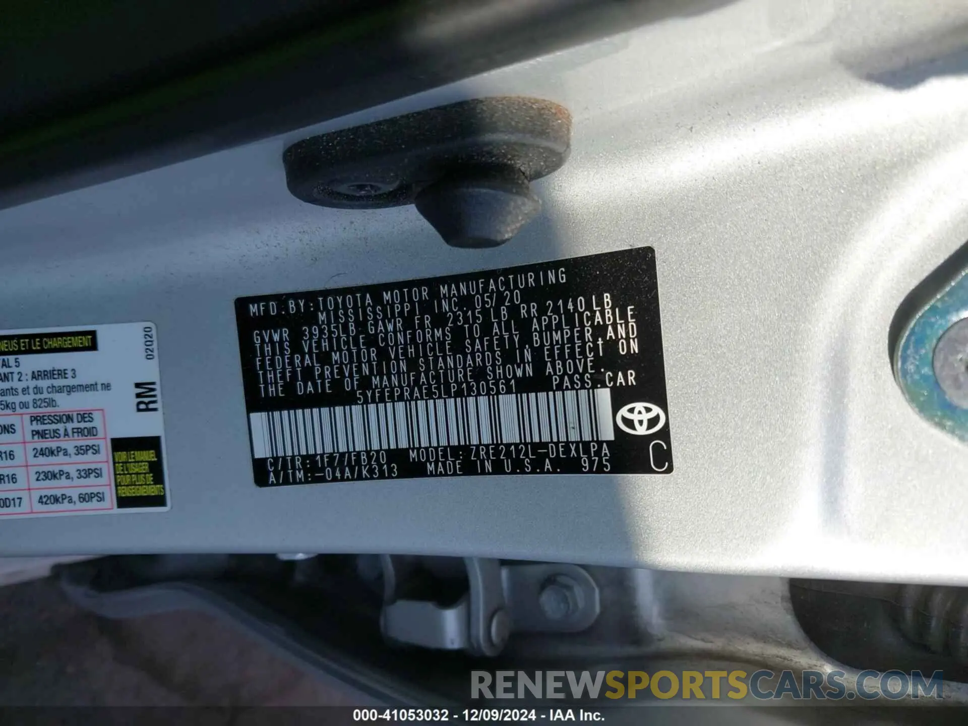 9 fotografías del automóvil dañado 5YFEPRAE5LP130561 TOYOTA COROLLA 2020