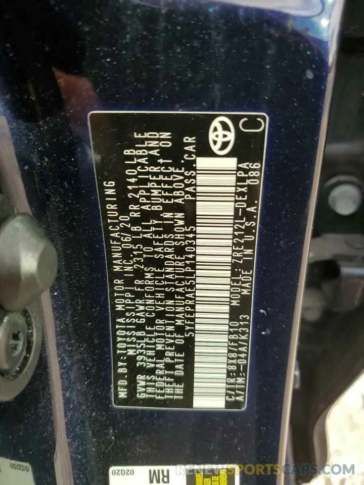 13 fotografías del automóvil dañado 5YFEPRAE5LP140345 TOYOTA COROLLA 2020