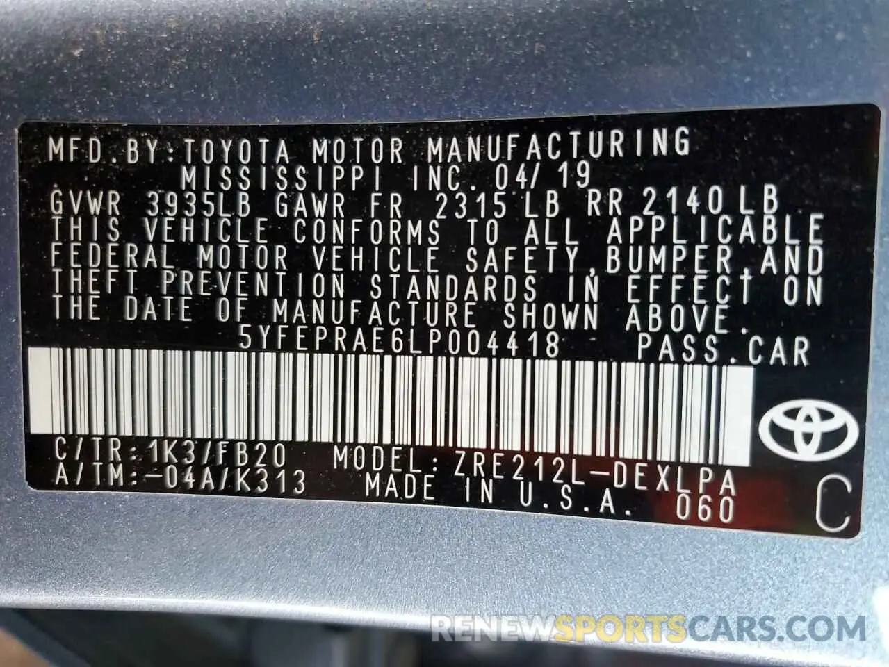 12 fotografías del automóvil dañado 5YFEPRAE6LP004418 TOYOTA COROLLA 2020