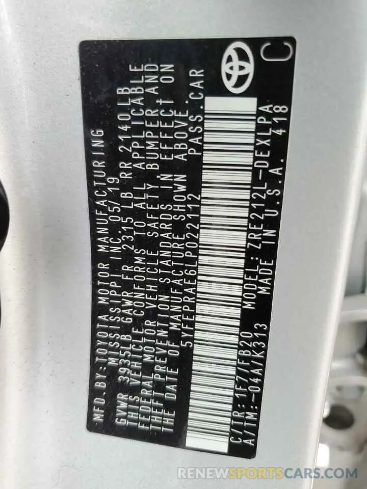 10 fotografías del automóvil dañado 5YFEPRAE6LP022112 TOYOTA COROLLA 2020