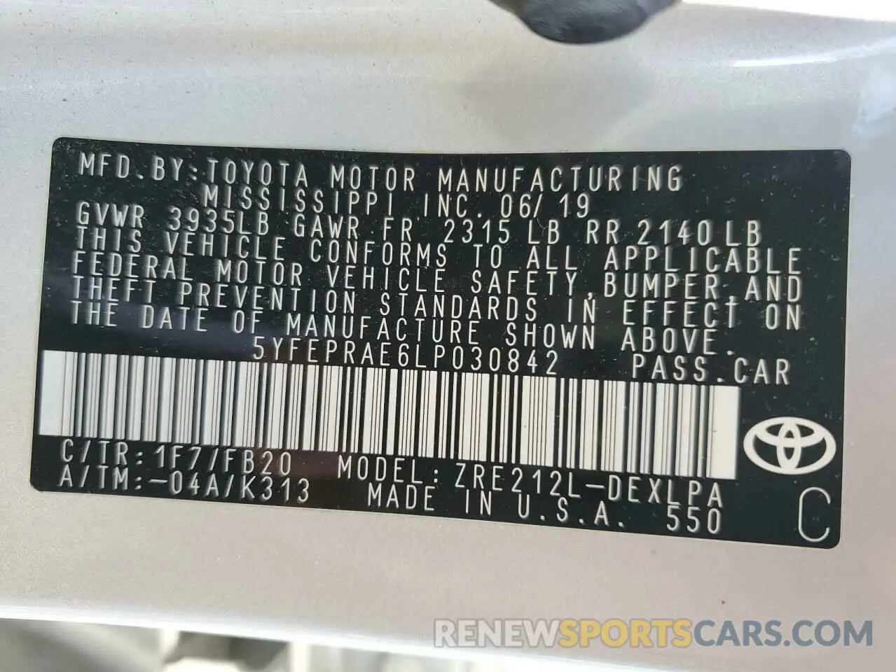 12 fotografías del automóvil dañado 5YFEPRAE6LP030842 TOYOTA COROLLA 2020