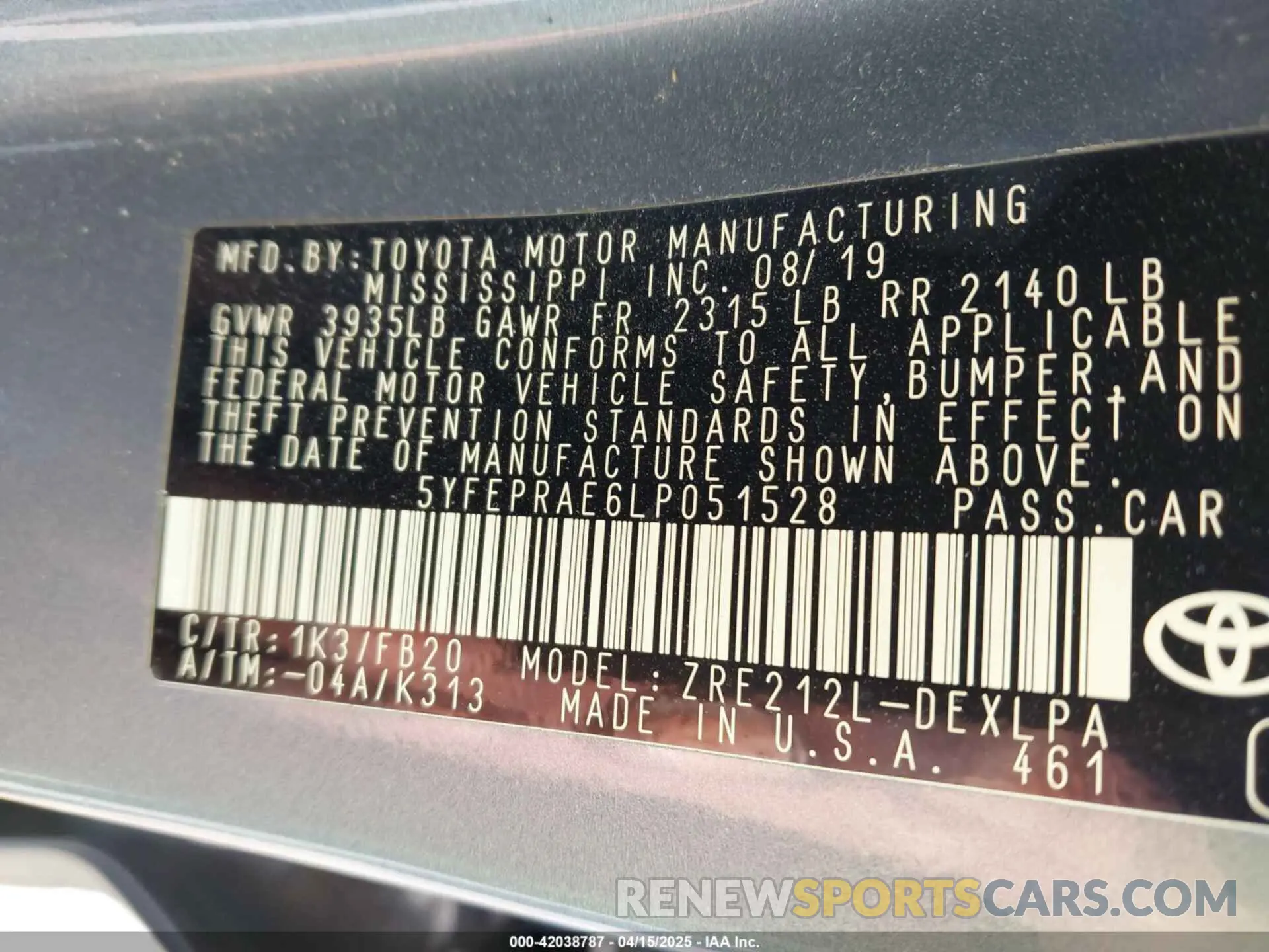 9 fotografías del automóvil dañado 5YFEPRAE6LP051528 TOYOTA COROLLA 2020