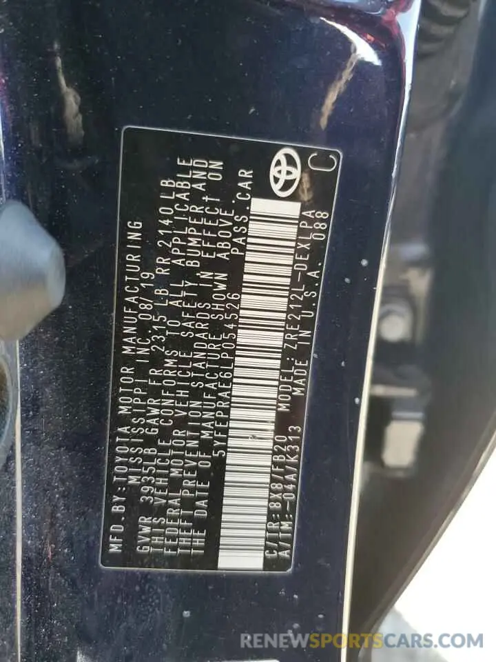 12 fotografías del automóvil dañado 5YFEPRAE6LP054526 TOYOTA COROLLA 2020