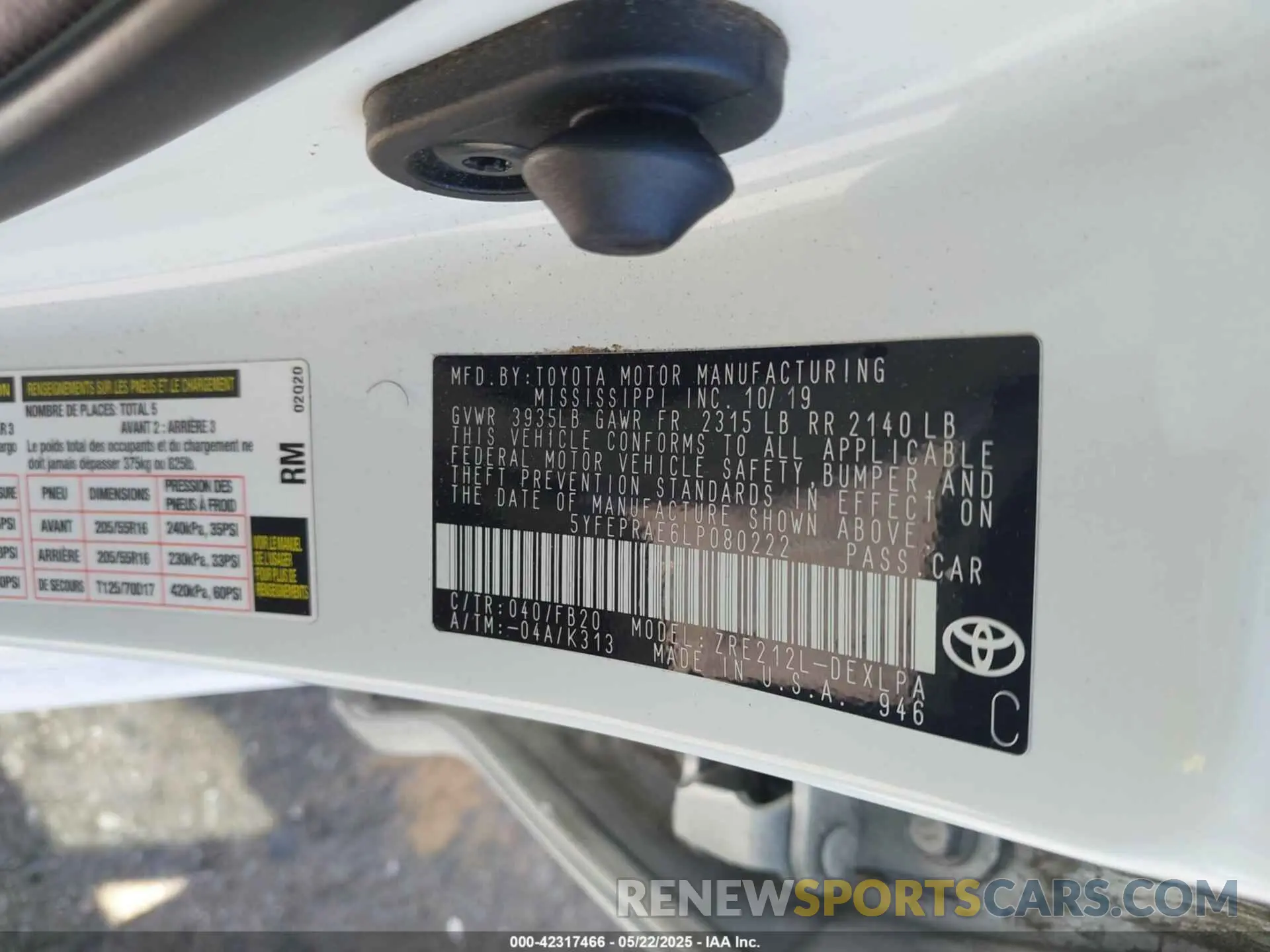 9 fotografías del automóvil dañado 5YFEPRAE6LP080222 TOYOTA COROLLA 2020