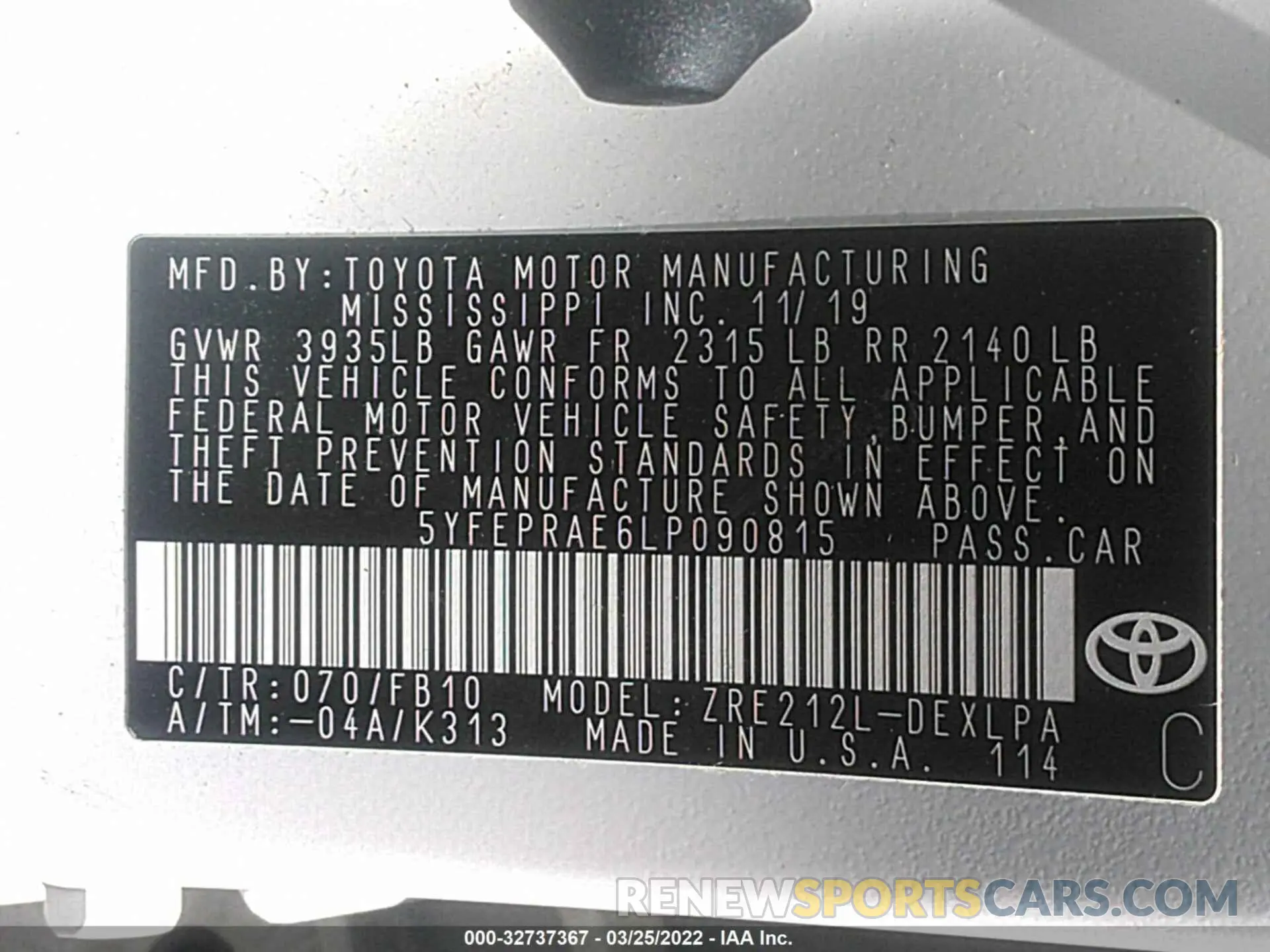 9 fotografías del automóvil dañado 5YFEPRAE6LP090815 TOYOTA COROLLA 2020