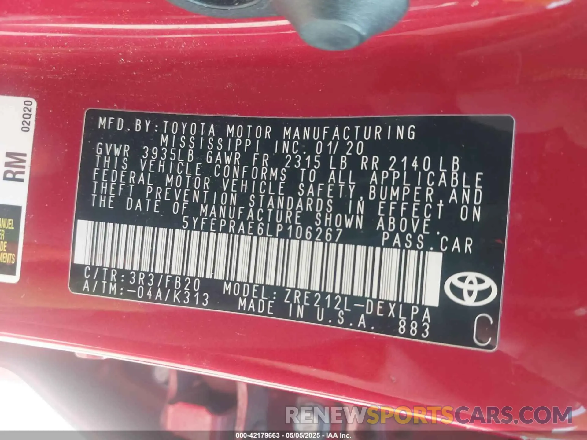 9 fotografías del automóvil dañado 5YFEPRAE6LP106267 TOYOTA COROLLA 2020