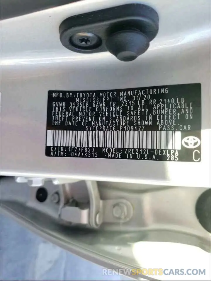10 fotografías del automóvil dañado 5YFEPRAE6LP109427 TOYOTA COROLLA 2020