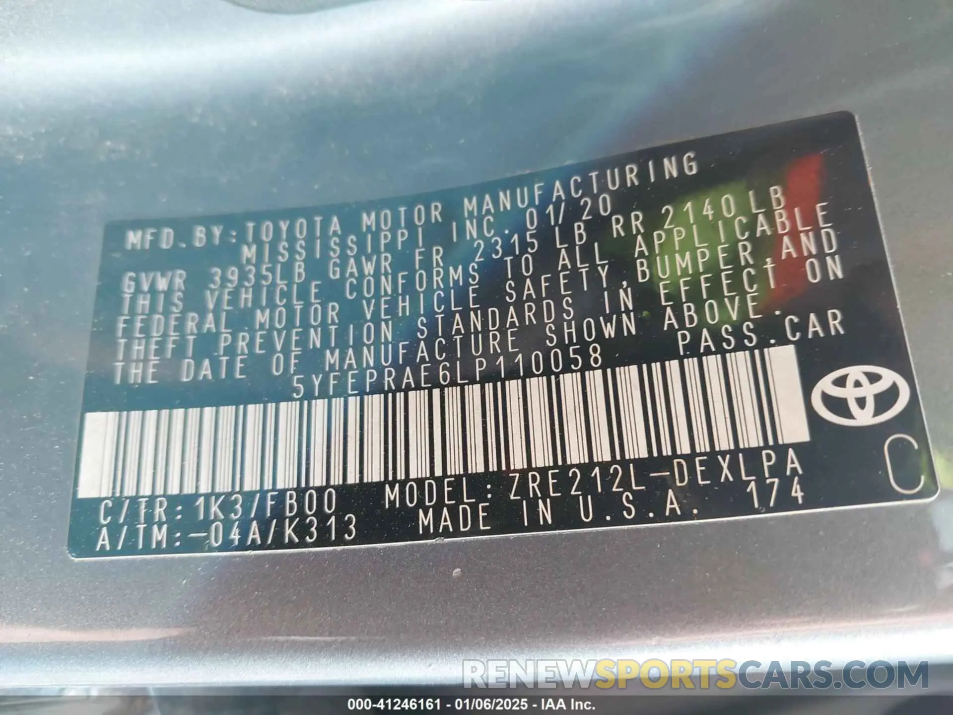 9 fotografías del automóvil dañado 5YFEPRAE6LP110058 TOYOTA COROLLA 2020