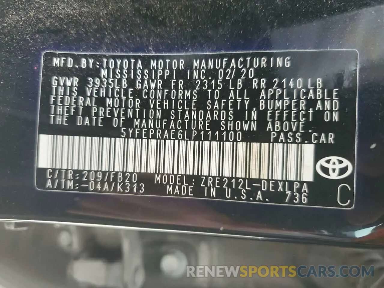 12 fotografías del automóvil dañado 5YFEPRAE6LP111100 TOYOTA COROLLA 2020