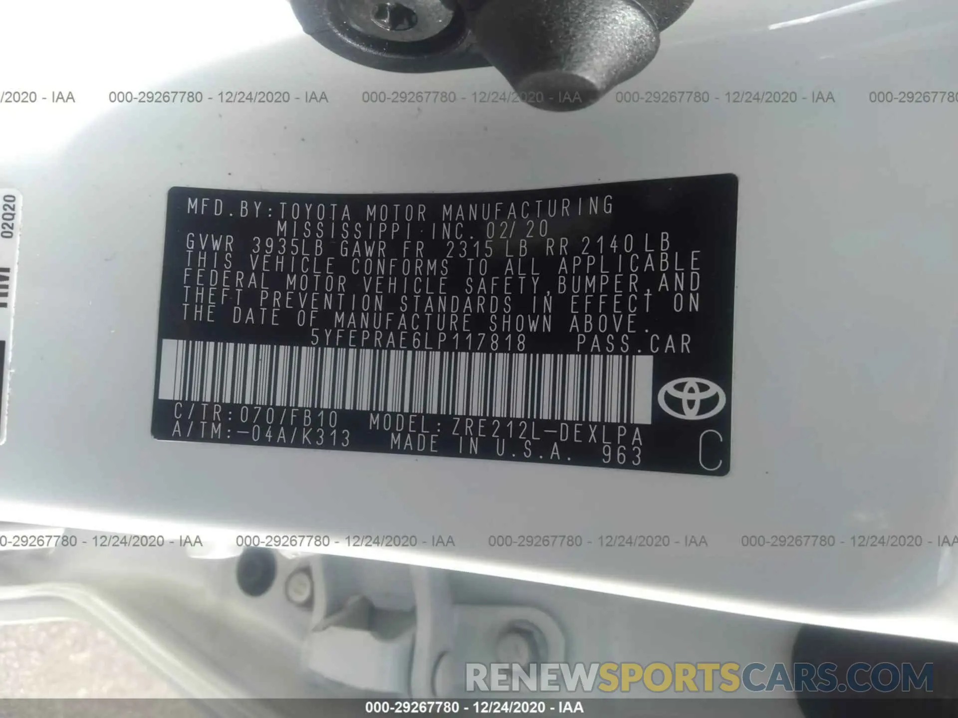 9 fotografías del automóvil dañado 5YFEPRAE6LP117818 TOYOTA COROLLA 2020