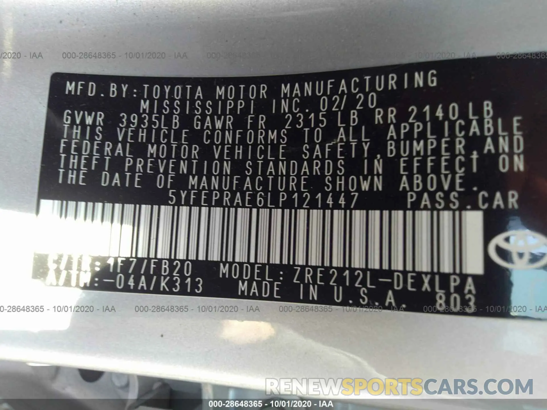 9 fotografías del automóvil dañado 5YFEPRAE6LP121447 TOYOTA COROLLA 2020