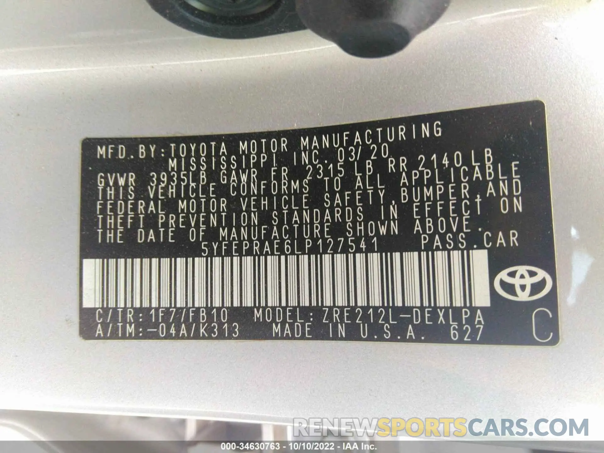 9 fotografías del automóvil dañado 5YFEPRAE6LP127541 TOYOTA COROLLA 2020