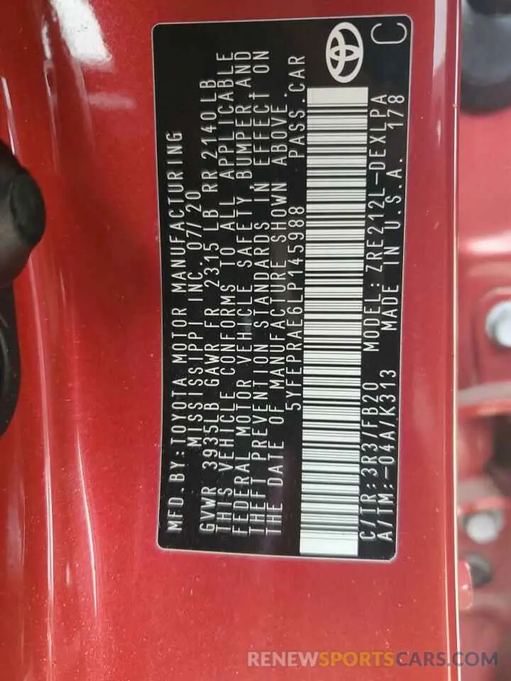 12 fotografías del automóvil dañado 5YFEPRAE6LP145988 TOYOTA COROLLA 2020