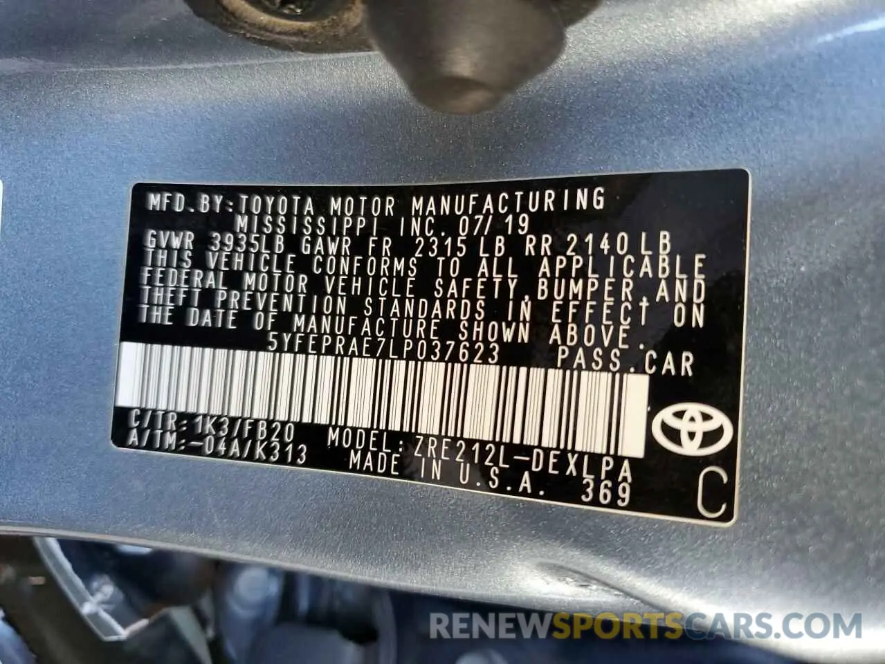 12 fotografías del automóvil dañado 5YFEPRAE7LP037623 TOYOTA COROLLA 2020