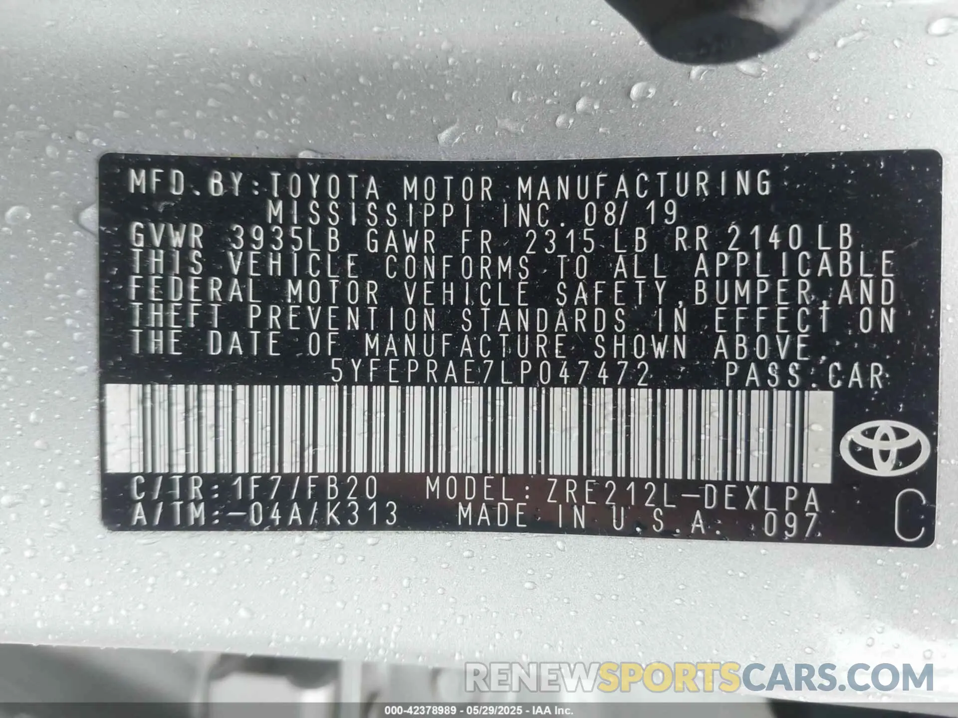 9 fotografías del automóvil dañado 5YFEPRAE7LP047472 TOYOTA COROLLA 2020