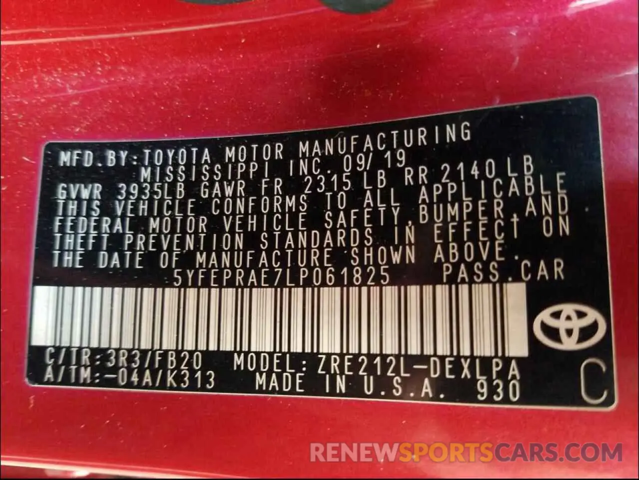 10 fotografías del automóvil dañado 5YFEPRAE7LP061825 TOYOTA COROLLA 2020