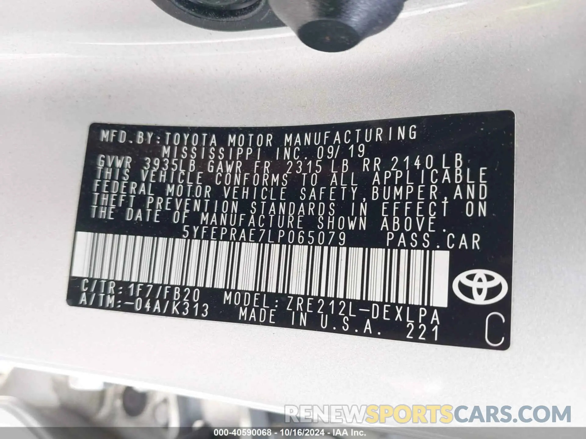 9 fotografías del automóvil dañado 5YFEPRAE7LP065079 TOYOTA COROLLA 2020
