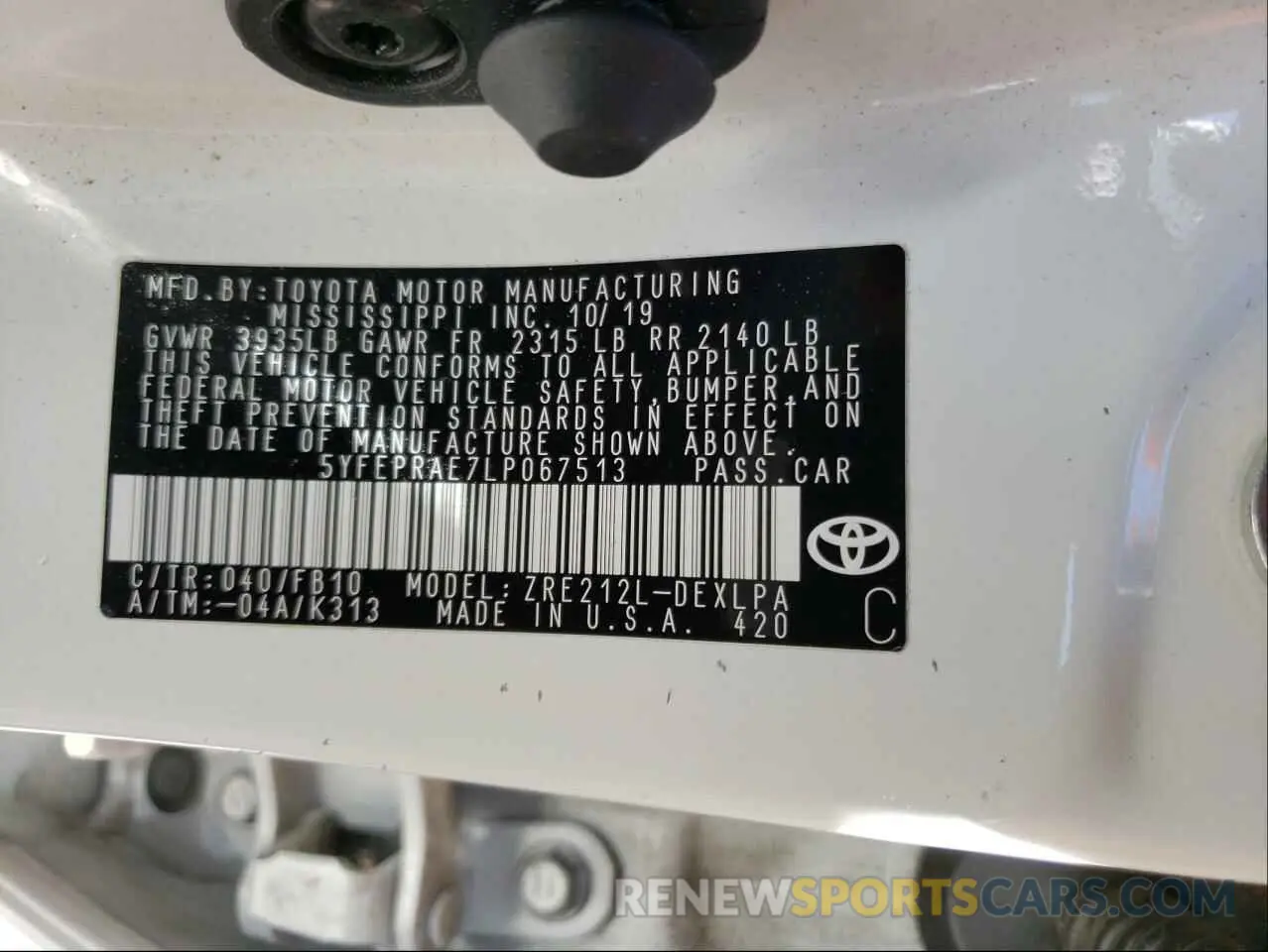 10 fotografías del automóvil dañado 5YFEPRAE7LP067513 TOYOTA COROLLA 2020