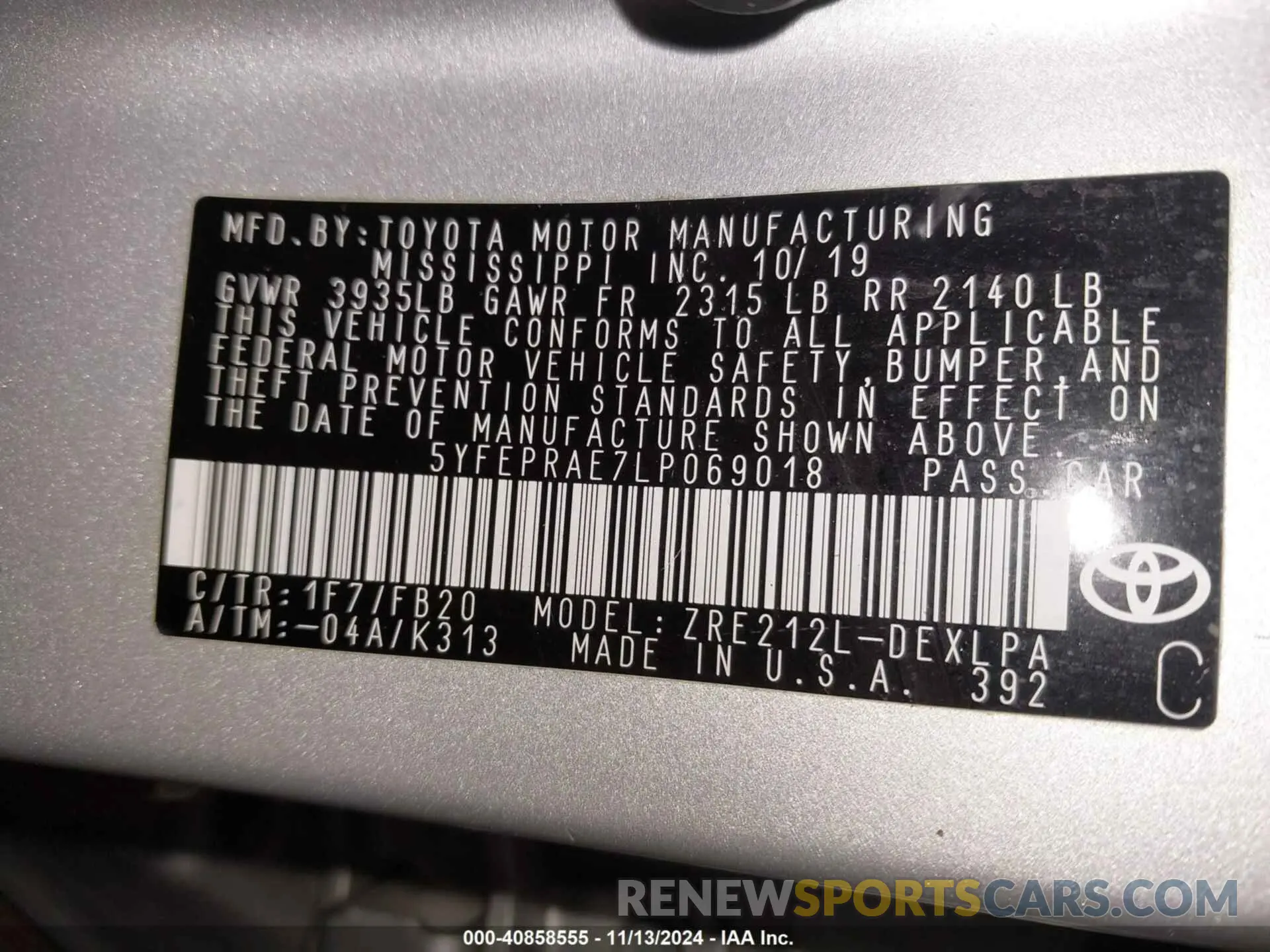 9 fotografías del automóvil dañado 5YFEPRAE7LP069018 TOYOTA COROLLA 2020