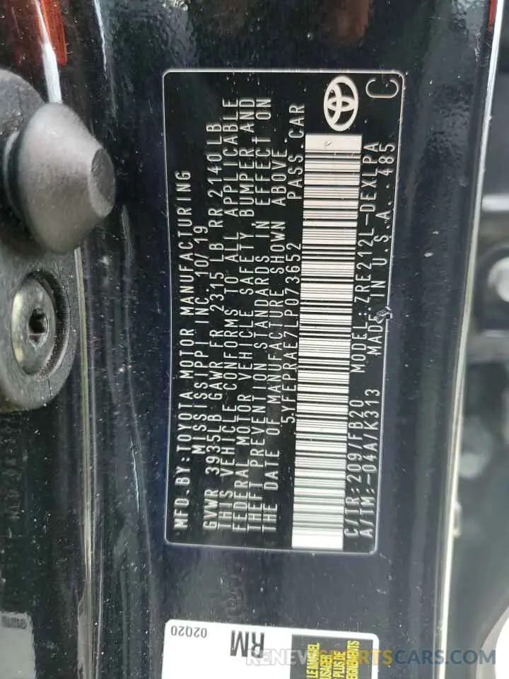 10 fotografías del automóvil dañado 5YFEPRAE7LP073652 TOYOTA COROLLA 2020