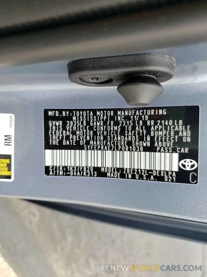 10 fotografías del automóvil dañado 5YFEPRAE7LP081038 TOYOTA COROLLA 2020