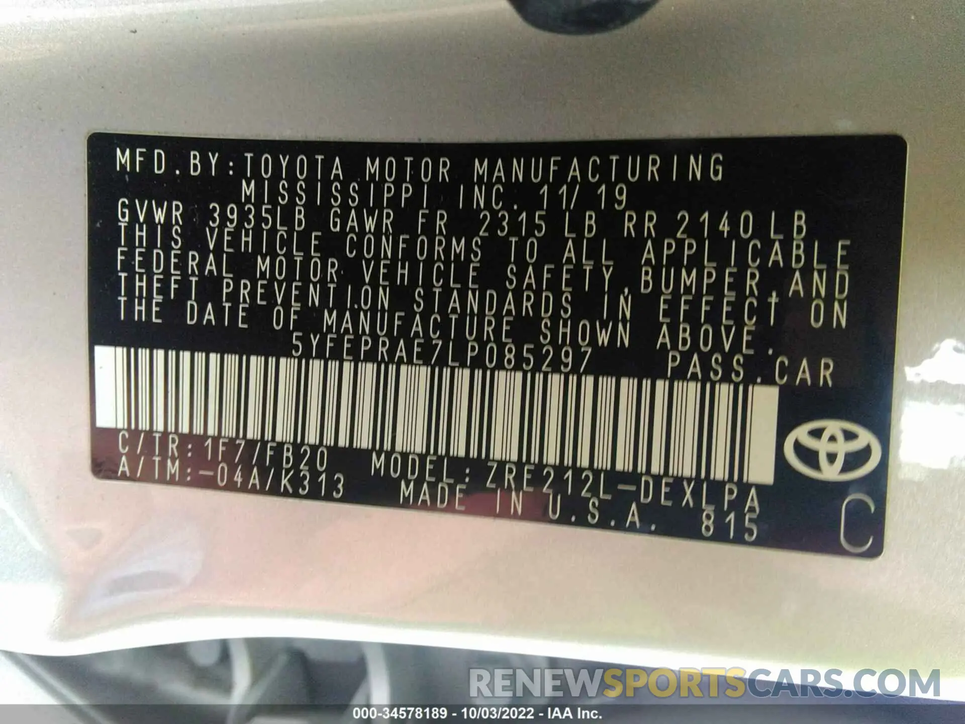 9 fotografías del automóvil dañado 5YFEPRAE7LP085297 TOYOTA COROLLA 2020