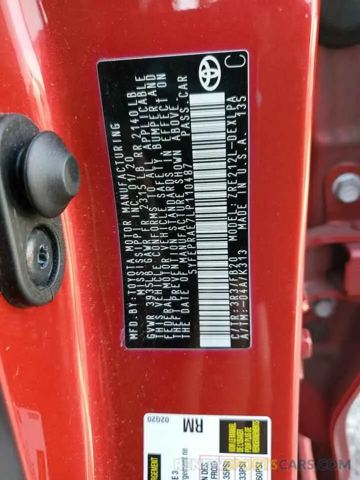 12 fotografías del automóvil dañado 5YFEPRAE7LP110487 TOYOTA COROLLA 2020