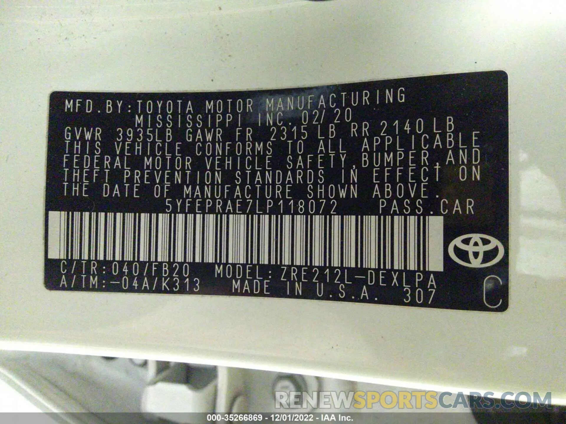 9 fotografías del automóvil dañado 5YFEPRAE7LP118072 TOYOTA COROLLA 2020