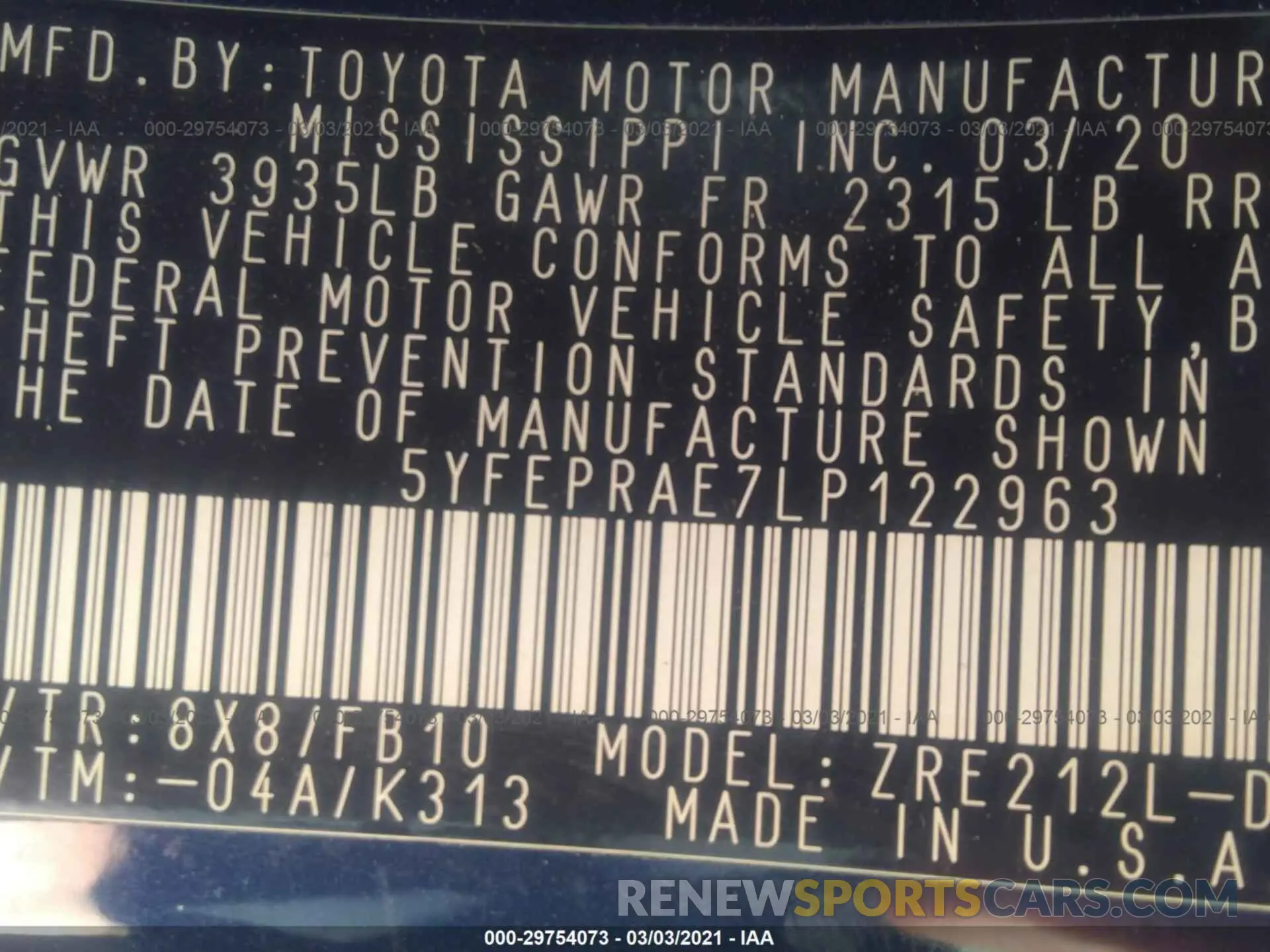 9 fotografías del automóvil dañado 5YFEPRAE7LP122963 TOYOTA COROLLA 2020