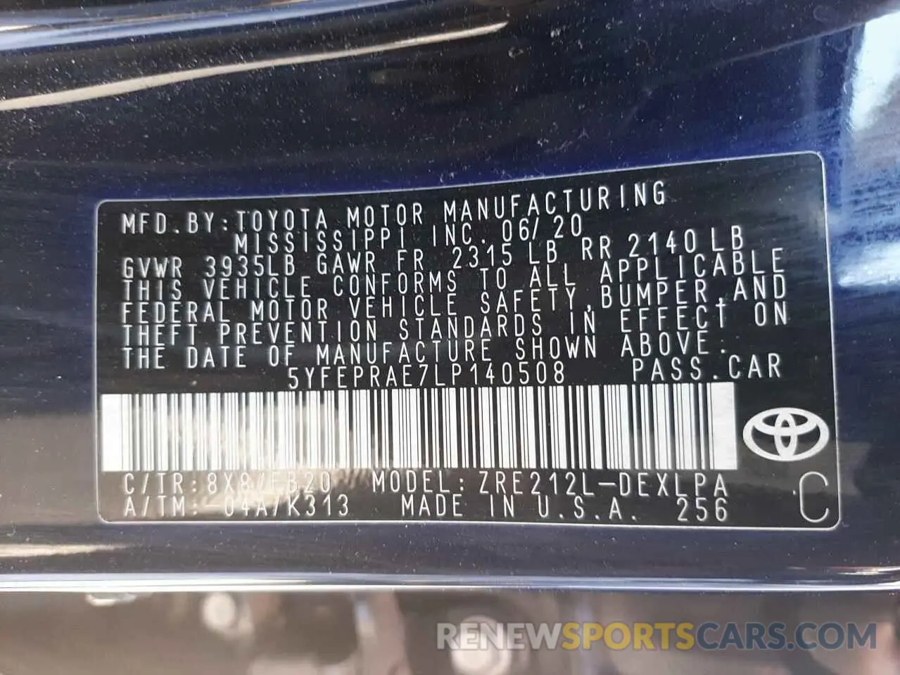 10 fotografías del automóvil dañado 5YFEPRAE7LP140508 TOYOTA COROLLA 2020