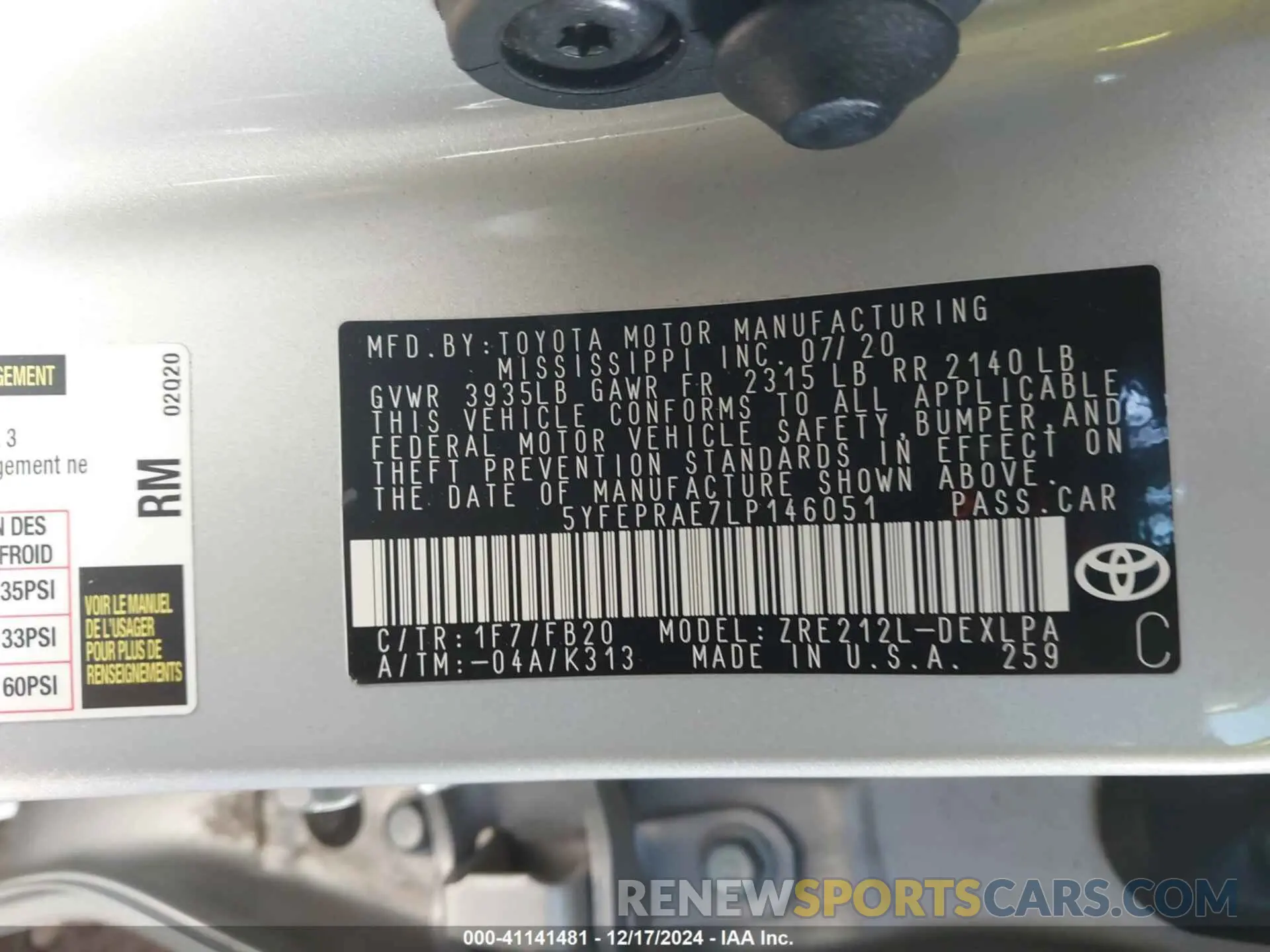 9 fotografías del automóvil dañado 5YFEPRAE7LP146051 TOYOTA COROLLA 2020