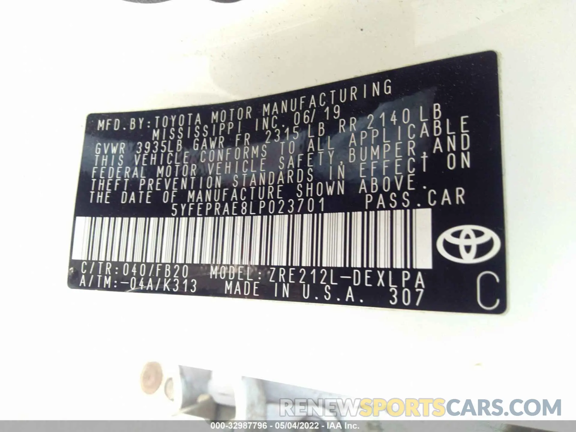 9 fotografías del automóvil dañado 5YFEPRAE8LP023701 TOYOTA COROLLA 2020